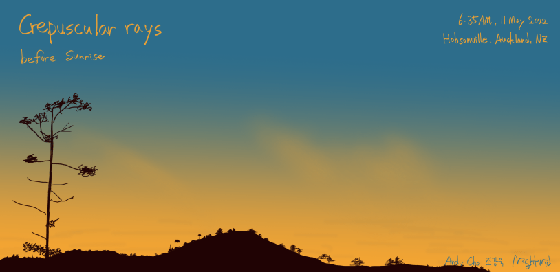 Crepuscular rays before Sunrise astronomy sketching by mobile phone